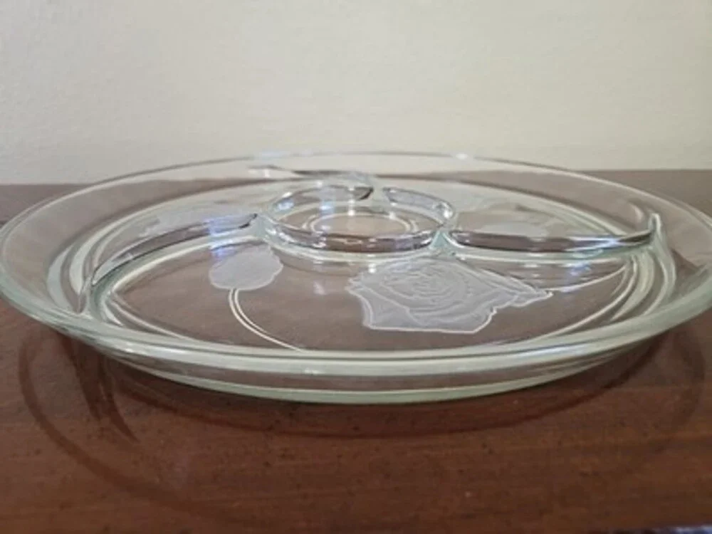 Indiana Glass Pressed Frosted Rose Divided  13” Appetizer Tray